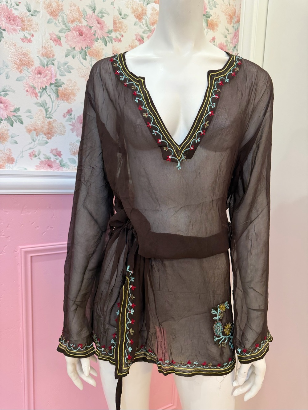 100 % silk Embroidered Sheer V-Neck Tunic Top - Brown